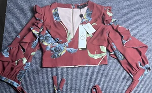 PatBo Shirt Womens 6 Red Floral Ruffle Sleeve Cropped Blouse Tie Back Zip New - Picture 1 of 8
