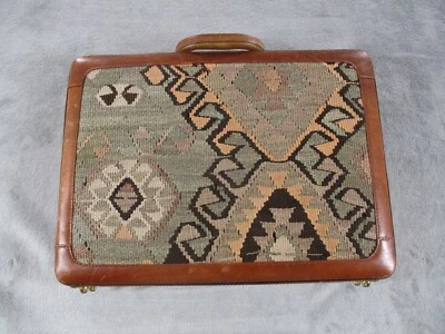 Maletín de Lana Kilim Cuero Marrón Asa Superior Colorido Boho Vintage Bloqueo Foto 1 de 4
