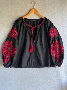 Zara Blouse Womens Large Black Embroidered Boho Balloon Sleeve Peasant Hippie - Picture 1 of 12