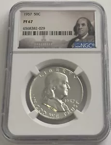 1957 NGC PF67 SILBERPROOF FRANKLIN HALBER DOLLAR 50C 90 % SILBER PORTRAIT ETIKETT ol - Bild 1 von 3