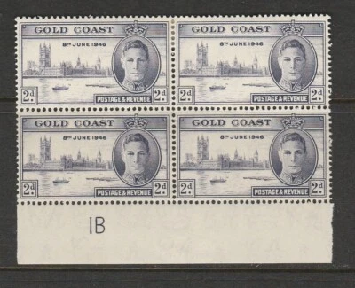 GOLD COAST GEORGE VI 1946 VICTORY SG133 PERF 13½x14 2d PLATE 1B BLOCK x4 MM/MNH - Image 1 of 2