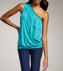 ROBERT RODRIGUEZ Turquoise RUFFLED One Shoulder TOP Shirt M Made in USA $195 - Picture 1 of 1