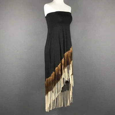 Dress Skirt Womens M Black Brown Fringe Maxi Soft Convertible Boho T Party - Image 1 of 4
