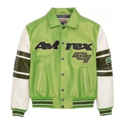Avirex Men’s Lime Green Leather Bomber Jacket – USA Stars & Stripes Vintage Flig - Imagen 1 de 4
