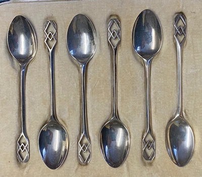 Set in scatola 6 cucchiaini da caffè in argento Birmingham 1936 stile art deco 38g - Immagine 1 di 4