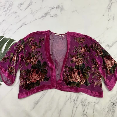 Мягкое окружение открытый передний кимоно верхний размер S/M розовый цветочный шелк бархат выгорания - Изображение 1 из 4