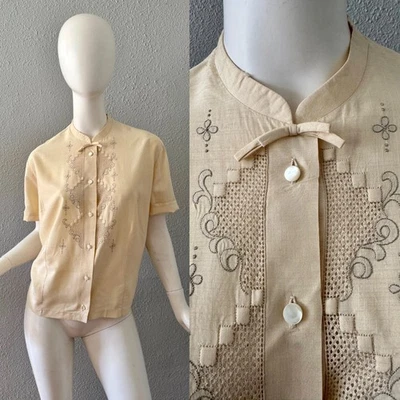 Vintage 40s Ivory Embroidered Button Top Blouse XL - Image 1 of 4