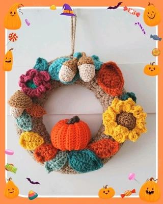 Kranz Gehäkelt Herbst Kürbis  18cm Handarbeit  Türkranz Deko Fall  Häkelarbeit - Bild 1 von 4