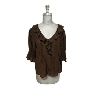 Laura Ashley Chocolate Pintucked Ruffled 3/4 Sleeve Puff-Sleeve Button Down XL - Picture 1 of 8