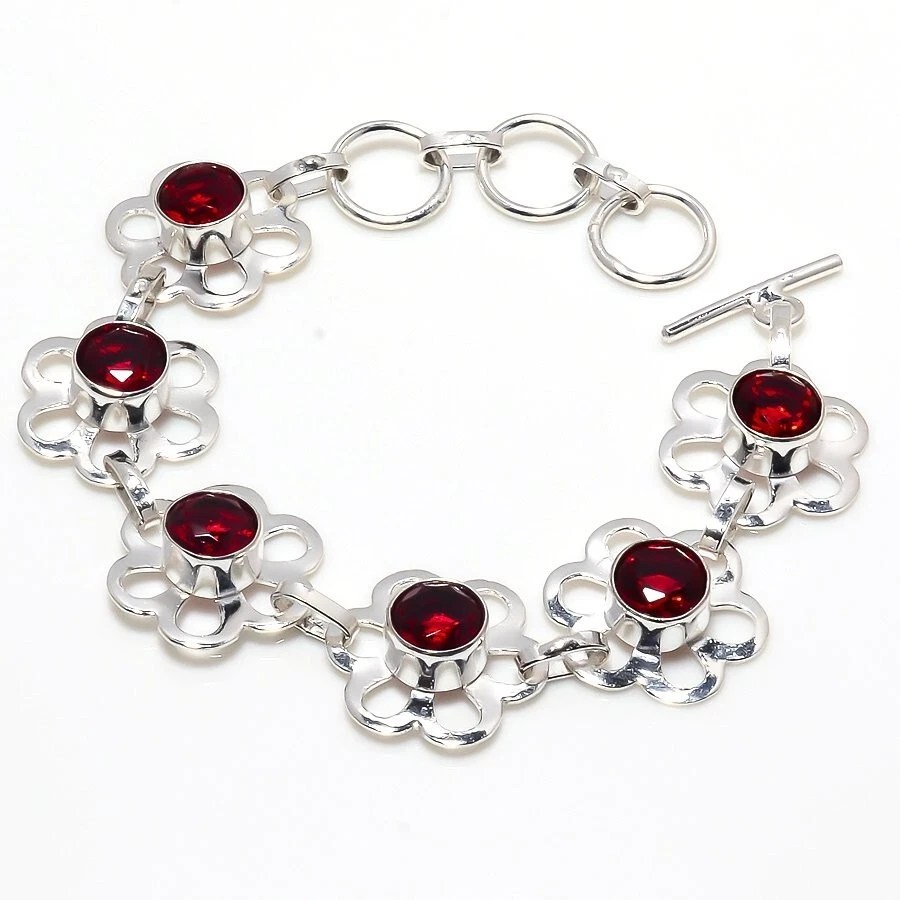 Red Garnet Gemstone Handmade 925 Sterling Silver Jewelry Bracelet Size 7-8" - Image 1 of 1