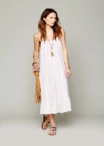 Free People Criss Cross Maxi Dress, White w/ Pink Stripe, Size L - NEW - Picture 1 of 7