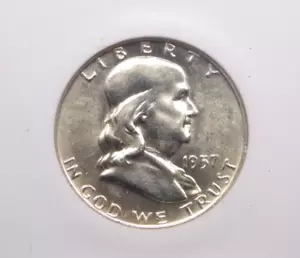 1957 "D" Franklin SILBER Half Dollar 50c NGC MS65 FBL #006 Stempelglanz ECC&C, Inc. - Bild 1 von 5