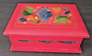 Hand Made & Hand Painted Red Floral Wooden Pine Lidded Storage Jewelry Box - Picture 1 of 11