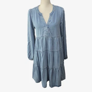 Maeve Anthropologie Tiered Denim Dress Sz M Blue Susannah Ruffles Boho Peasant - Picture 1 of 9