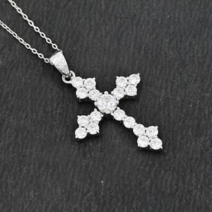 5 MM Round Natural Moissanite 925 Sterling Silver Holy Cross Pendant Necklace - Picture 1 of 12