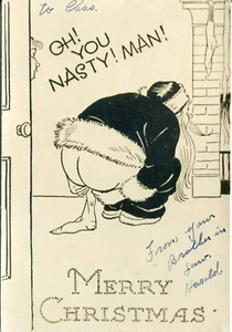 Santa Leaving a Surprise Comic Merry Christmas Card - Picture 1 of 2