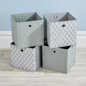 Folding Storage Utility Box 2 Grey 2 Patterned Square Fabric Cube 4pc Basket Set - Picture 1 of 4