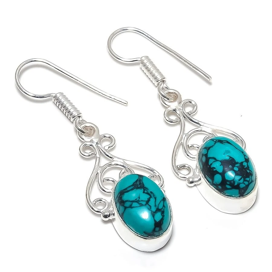 Green Turquoise  Gemstone Handmade 925  Sterling Silver Jewelry Earrings Sz 1.20 - Image 1 of 1