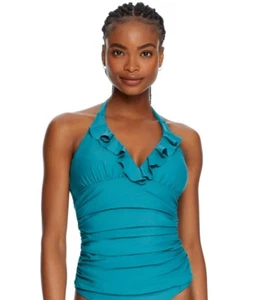 Birdsong Size 34DDD Teal Blue Ruffle Halter Underwire Tankini Swim Top Ruched - Picture 1 of 11