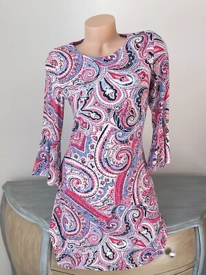 Tommy Hilfiger Paisley Dress Size 2 XS S 3/4 Sleeve Navy White Pink Bell Flare - Image 1 of 4