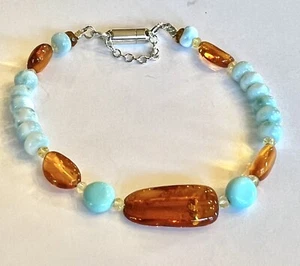 Larimar & Amber Bracelet 7” With Sleeping Beauty Turquoise, Magnetic Clasp - Picture 1 of 14