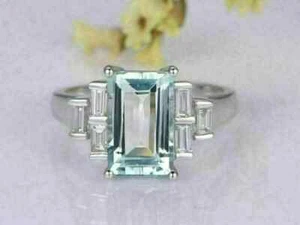 3Ct Emerald Cut Aquamarine Diamond Solitaire Engagement Ring 14K White Gold Over - Picture 1 of 5