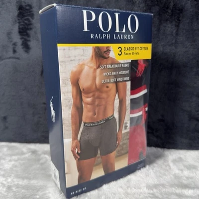 Paquete de 3 calzoncillos boxer Polo Ralph Lauren calce clásico de algodón rojo negro a rayas para hombre M Foto 1 de 2