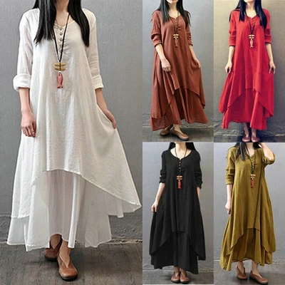 Long Sleeve Women Dress Casual Gypsy Kaftan Tunic Boho Cotton Linen Maxi Dress - Image 1 of 4