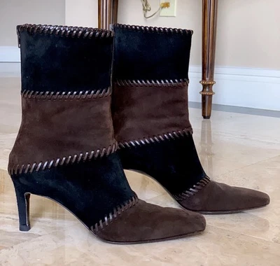 "Botas de gamuza vintage Salvador Ferragamo negras y marrones botines 3"" tacones 6,5 6 1/2" Foto 1 de 4