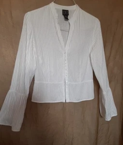 INC Women 100% Cotton Pleated Long Sl Button Up Blouse Top White Sz 8 Cropped - Picture 1 of 24