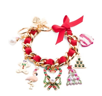 Betsey Johnson Gold Tone Holiday Charm Bracelet Ribbon Christmas Tree Flamingo - Image 1 of 3