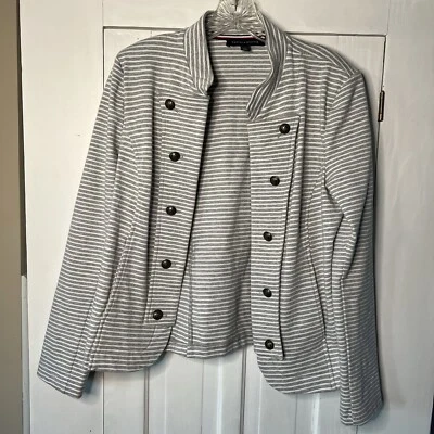 Chaqueta TOMMY HILFIGER LG Gris Blanco Rayas Firma Botones Talla Grande Para Mujer Foto 1 de 4