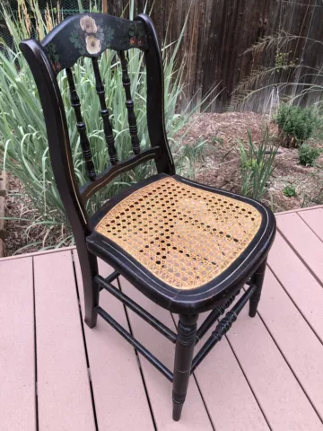 Vintage Hitchcock Cane Seat Spindle Side Chair w/Hand Painted Flower/Fruit Motif Cover