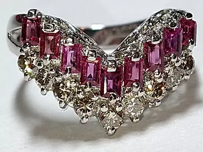 Solid platinum natural ruby diamond stacking chevron ring 6.49 grams pt900 *GIA - Image 1 of 4
