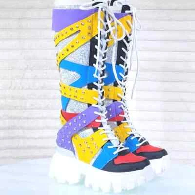 Tênis plataforma Wang Limited multicolorido branco botas de joelho salto cunha escondido - Imagem 1 de 4