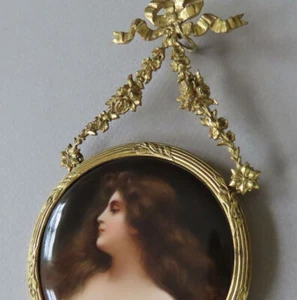 Antique Miniature Porcelain Painting ASTI LADY Gilt BRONZE Frame w BOW + SWAGS - Picture 1 of 9