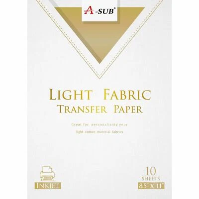 A-SUB Inkjet Printable Heat Transfer Paper for Light Fabrics Iron-On 8.5x11 10pk