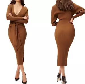 NWT Good American Long Sleeve Belted Body Con Dress Ribbed Knit Sepia Brown 1/2 - Picture 1 of 11