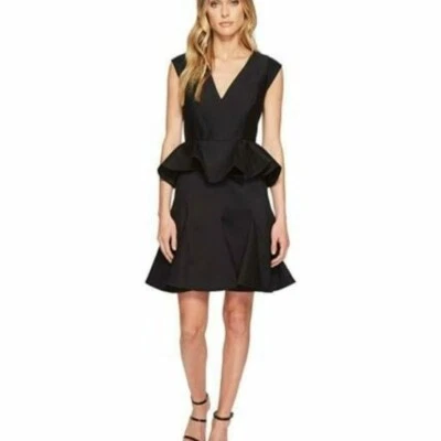 Halston Heritage Peplum Vestido Negro Noche Algodón Seda Ajuste Acampanado Nuevo 0 Foto 1 de 4