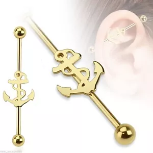Industrial w/Anchor Gold Plate 14 Gauge 1-1/2" 5mm Balls Barbell Body Jewelry - Picture 1 of 3