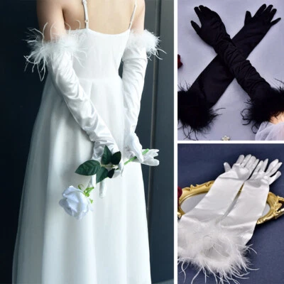Long Gloves Performances Opera Wedding Banquet Feather Satin Gloves Elegant 1X - Image 1 of 4