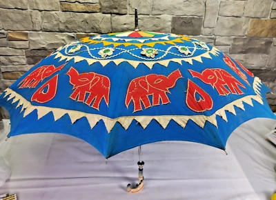 Индийский Pipli Народное Искусство Цирк Слон Зонтик Зонтик Изогнутая Ручка Редкий Винтажный - Изображение 1 из 4