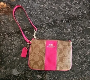 Monedero COACH Signature de lona con tira de cuero rosa vintage Y2K - Imagen 1 de 11