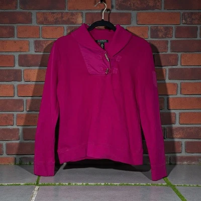 Pullover acanalado Lauren Ralph Lauren capucha magenta cuello cierre palanca ~ talla M Foto 1 de 4