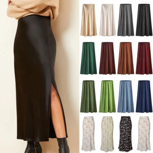 Elegant Ladies Satin Silk Skirts Long Split Dress High Elastics Waist Party SIZE - Picture 1 of 54