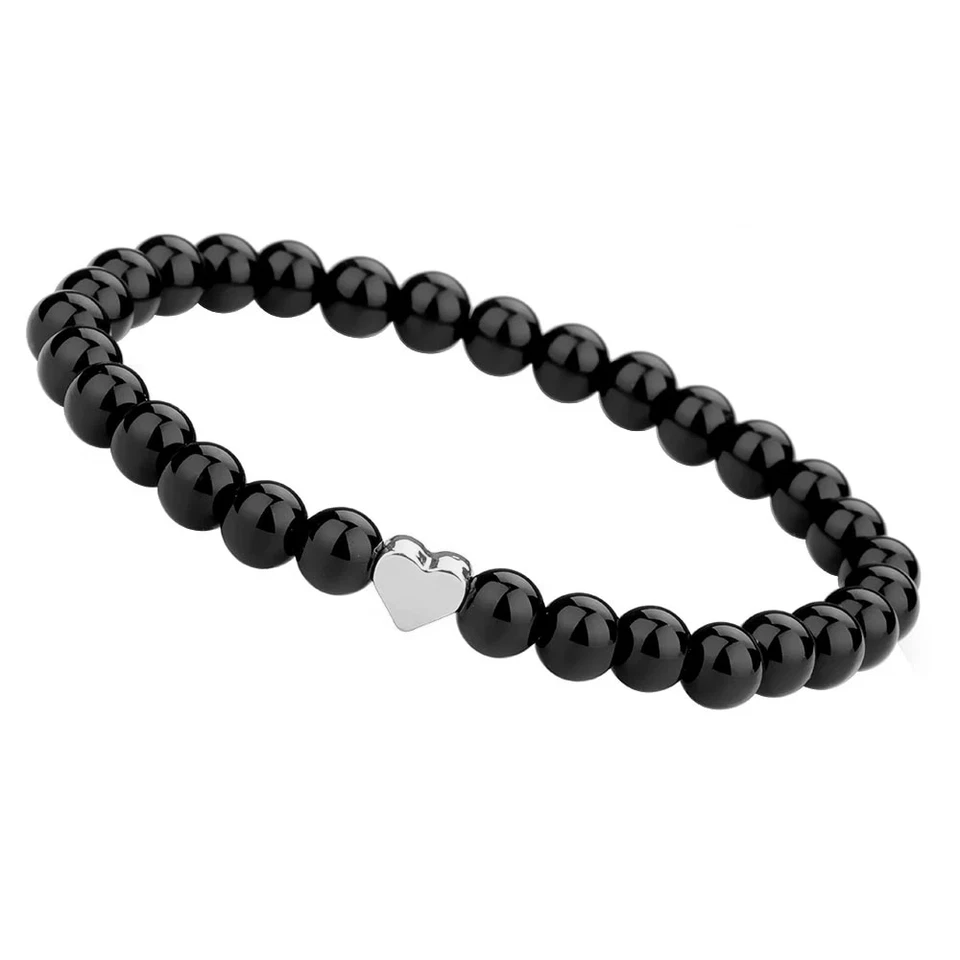 Bracciale CUORE Argento / Oro con Perle Nero 6mm da Donna braccialetto elastico - Immagine 1 di 4