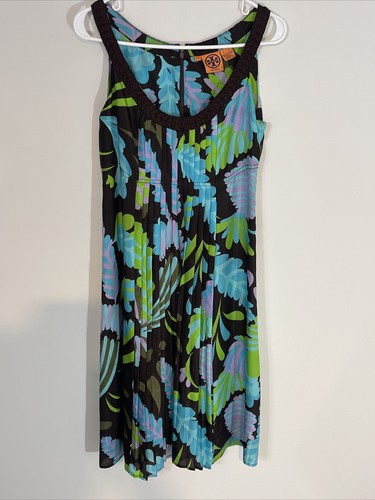 Abito da donna Tory Burch seta allineato blu marrone floreale senza maniche taglia 4