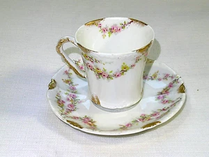 Antique Haviland Limoges France Porcelain Pink Floral Garland Demi Cup & Saucer - Picture 1 of 4
