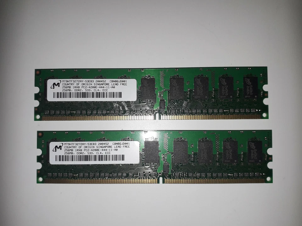 Micron 512 MB (2x256MB) PC2-4200E DIMM Memory Modules MT9HTF3272AY-53EB3 - Image 1 of 2