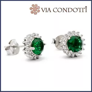 Orecchini verde smeraldo in argento e zirconi punto luce bottone a lobo da donna - Foto 1 di 7
